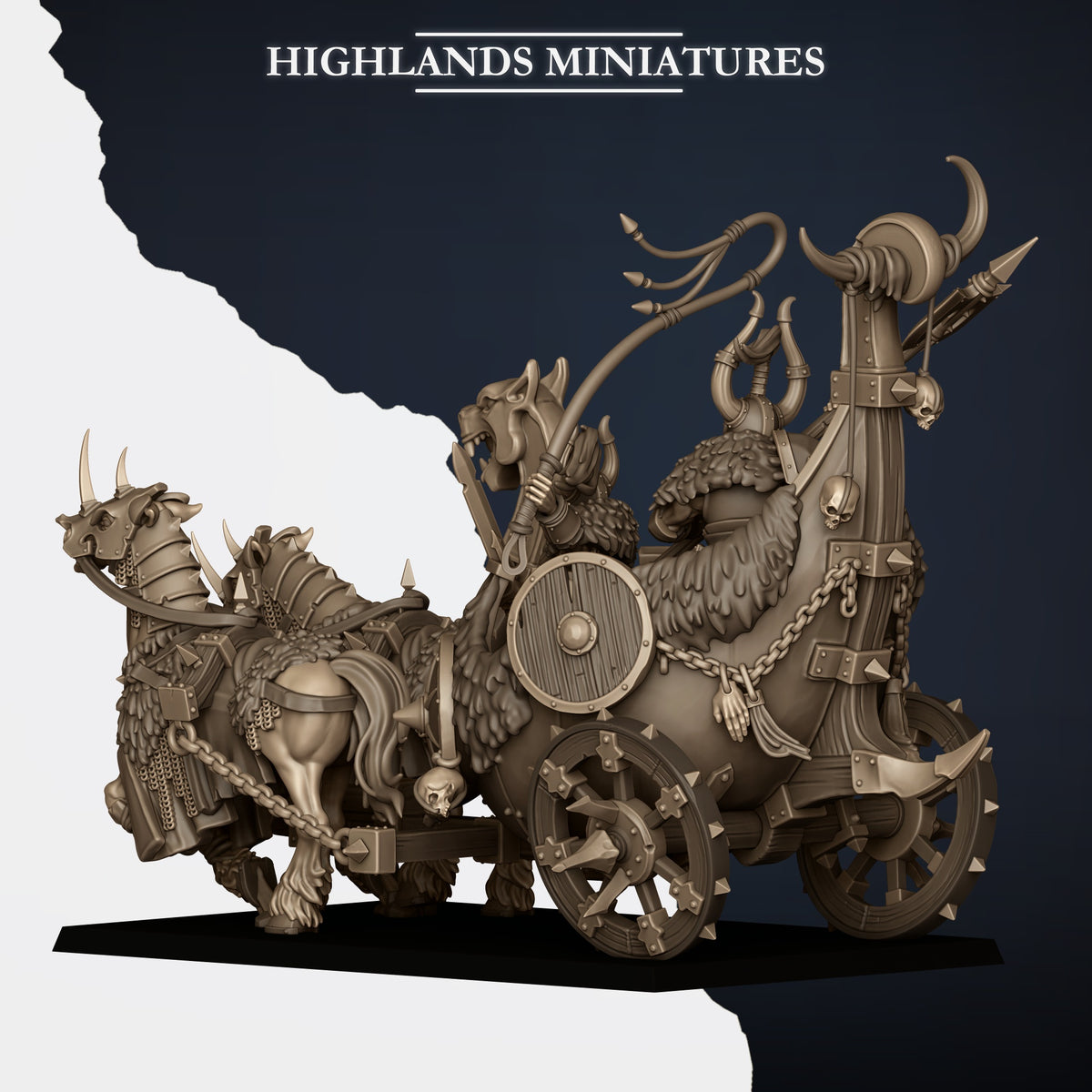 Norse Huscarl Chariot, rear three-quarter view showing the fur-lined body, draw chains and scythed axle, Highlands Miniatures render