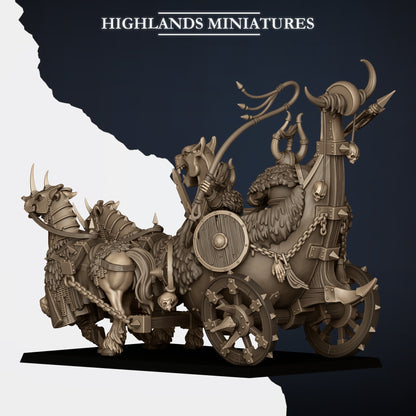 Norse Huscarl Chariot, rear three-quarter view showing the fur-lined body, draw chains and scythed axle, Highlands Miniatures render
