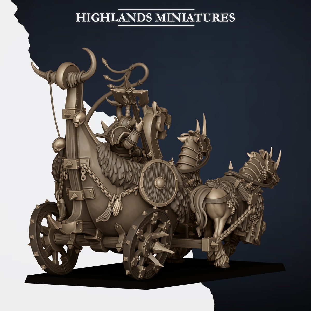 Norse Huscarl Chariot, rear view from the left with the horn-crested body and hanging chains, Highlands Miniatures render