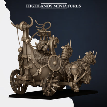 Norse Huscarl Chariot, rear view from the left with the horn-crested body and hanging chains, Highlands Miniatures render