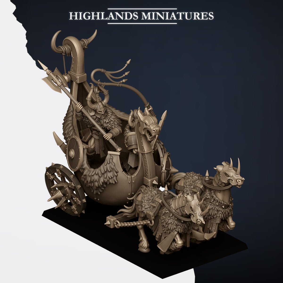 Norse Huscarl Chariot, three-quarter view from the left front with the horses at the gallop, Highlands Miniatures render
