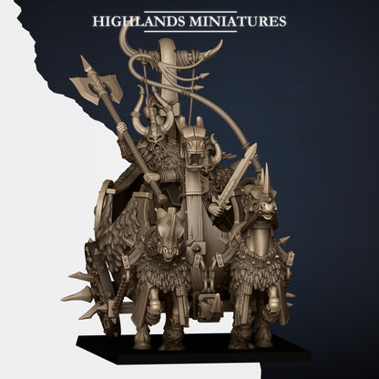 Norse Huscarl Chariot, head-on front view of the horses and crew, Highlands Miniatures render