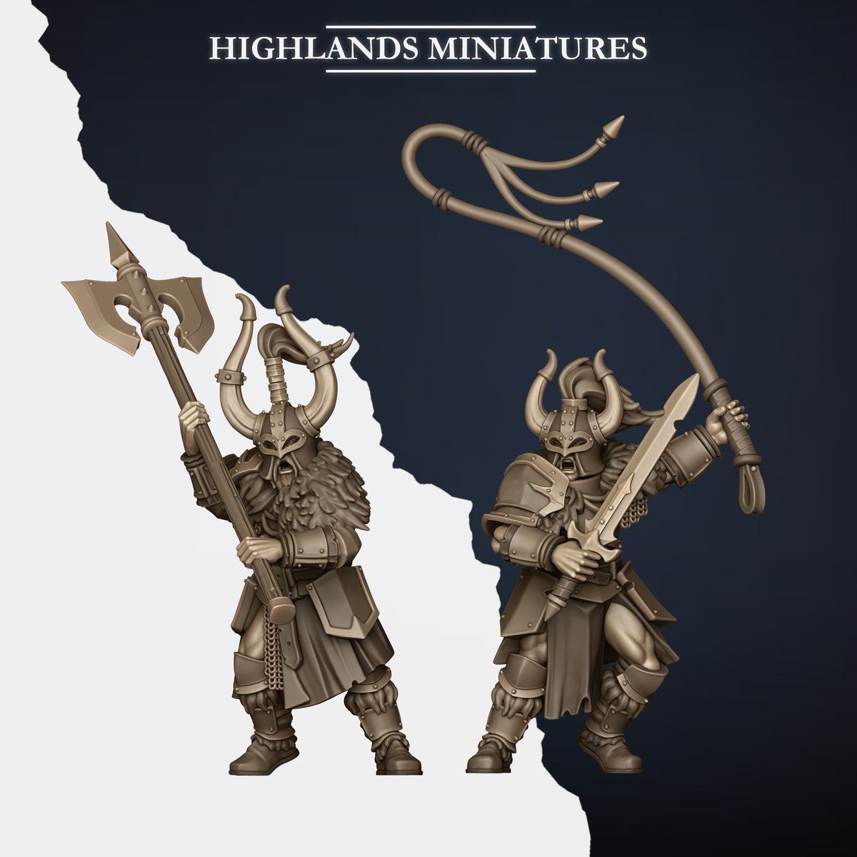Norse Huscarl Chariot crew: the halberdier and the driver with sword and separate whip, sold as the Crew Only option, Highlands Miniatures render