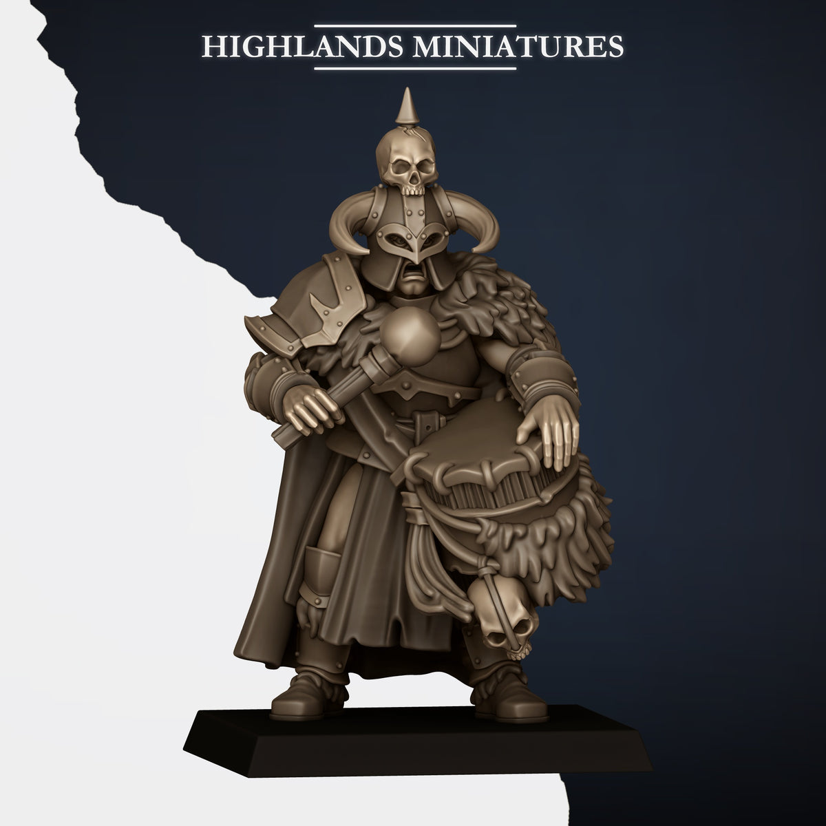 Norse Huscarls musician (sold in the command group listing), hide drum and beater, spiked skull helm, Highlands Miniatures render