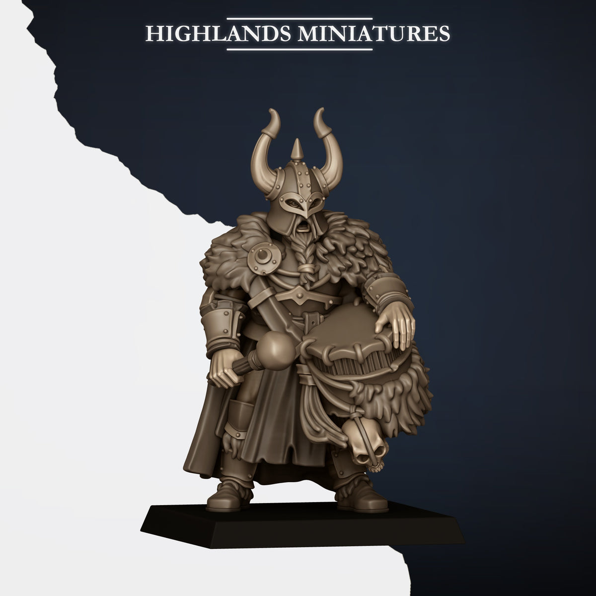 Norse Huscarls two-handed musician (sold in the Two-Handed Command Group listing), hide drum with a skull and beater, Highlands Miniatures render