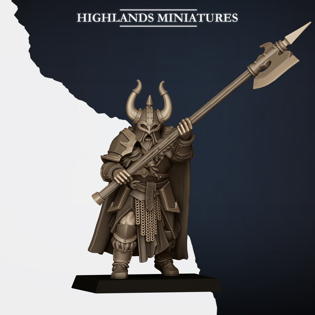Norse Huscarls with Two-Handed Weapons Model A, armoured huscarl with halberd raised in both hands, spiked horned helm and plate pauldrons, Highlands Miniatures render