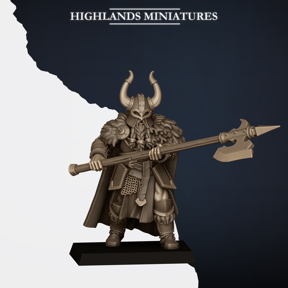 Norse Huscarls with Two-Handed Weapons Model B, armoured huscarl with halberd held level, wide horns and braided beard, Highlands Miniatures render