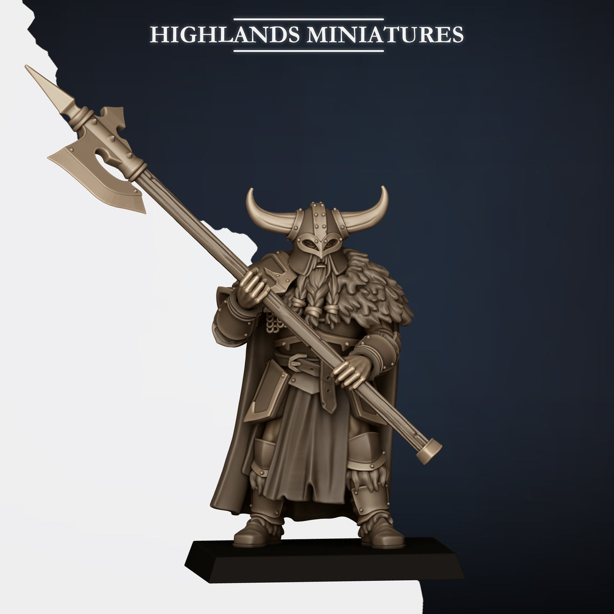 Norse Huscarls with Two-Handed Weapons Model C, armoured huscarl with halberd angled across the body, long curved horns, Highlands Miniatures render
