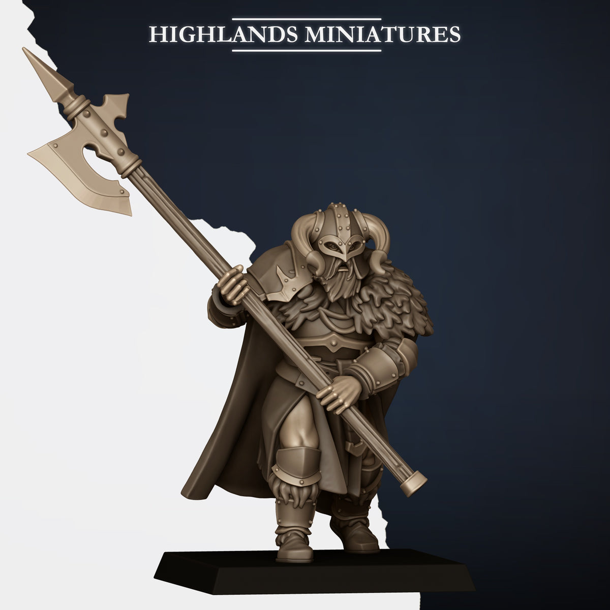Norse Huscarls with Two-Handed Weapons Model E, armoured huscarl with halberd braced in a low guard, curled horns, Highlands Miniatures render