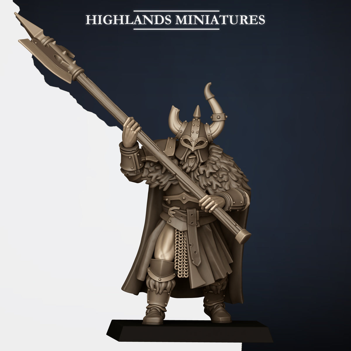 Norse Huscarls with Two-Handed Weapons Model F, armoured huscarl with halberd raised over the shoulder, broken horn, Highlands Miniatures render