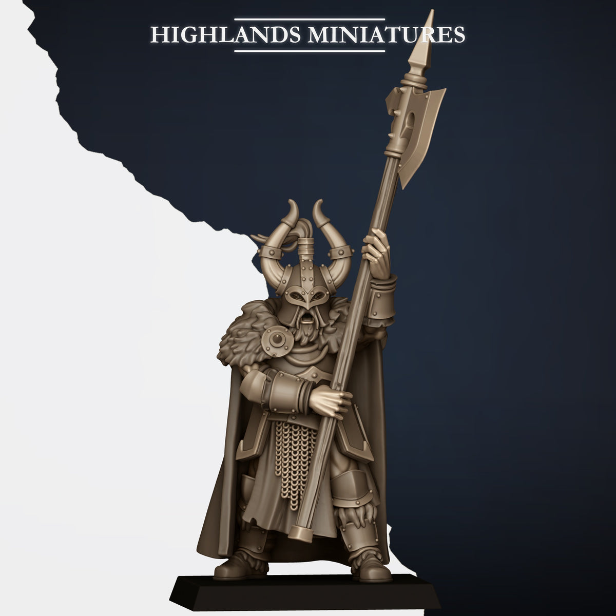 Norse Huscarls with Two-Handed Weapons Model G, armoured huscarl with halberd planted upright, spiked helm and fur mantle, Highlands Miniatures render