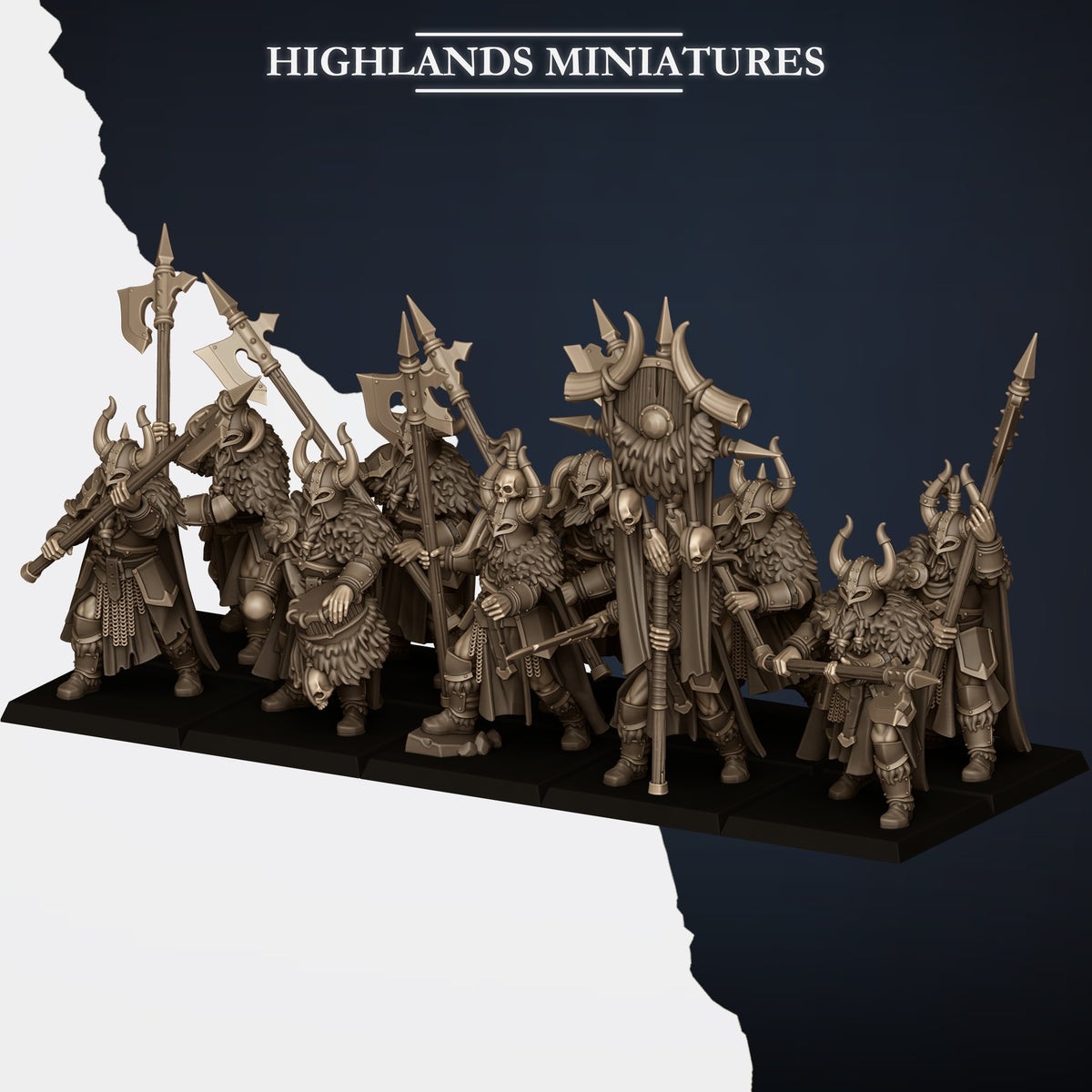 Norse Huscarls with Two-Handed Weapons unit with command group, three-quarter view from the left, Highlands Miniatures render