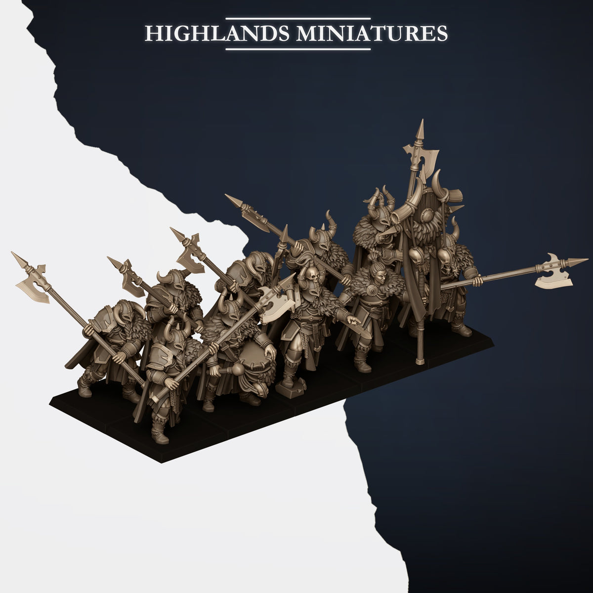 Norse Huscarls with Two-Handed Weapons unit with command group, three-quarter view from the right, Highlands Miniatures render