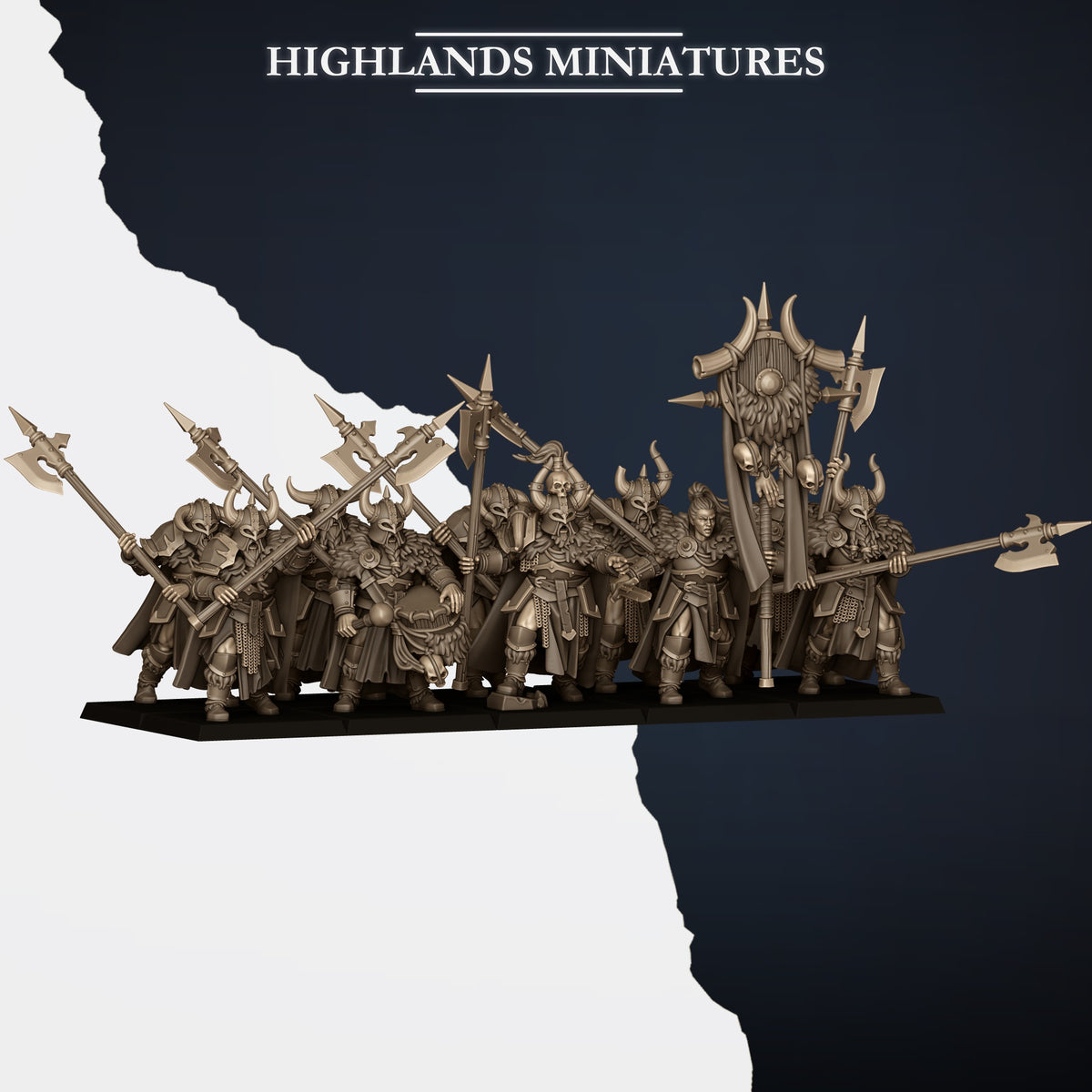 Norse Huscarls with Two-Handed Weapons ranked as a ten-model unit with captain, bannerman and musician, front view, resin miniatures by Highlands Miniatures