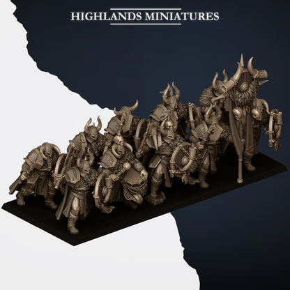 Norse Huscarls unit with command group, three-quarter view from the left, Highlands Miniatures render