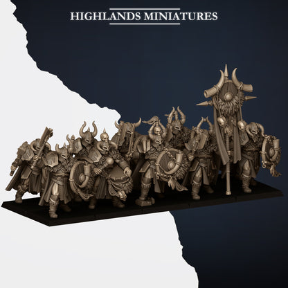 Norse Huscarls unit with command group, three-quarter view from the right, Highlands Miniatures render