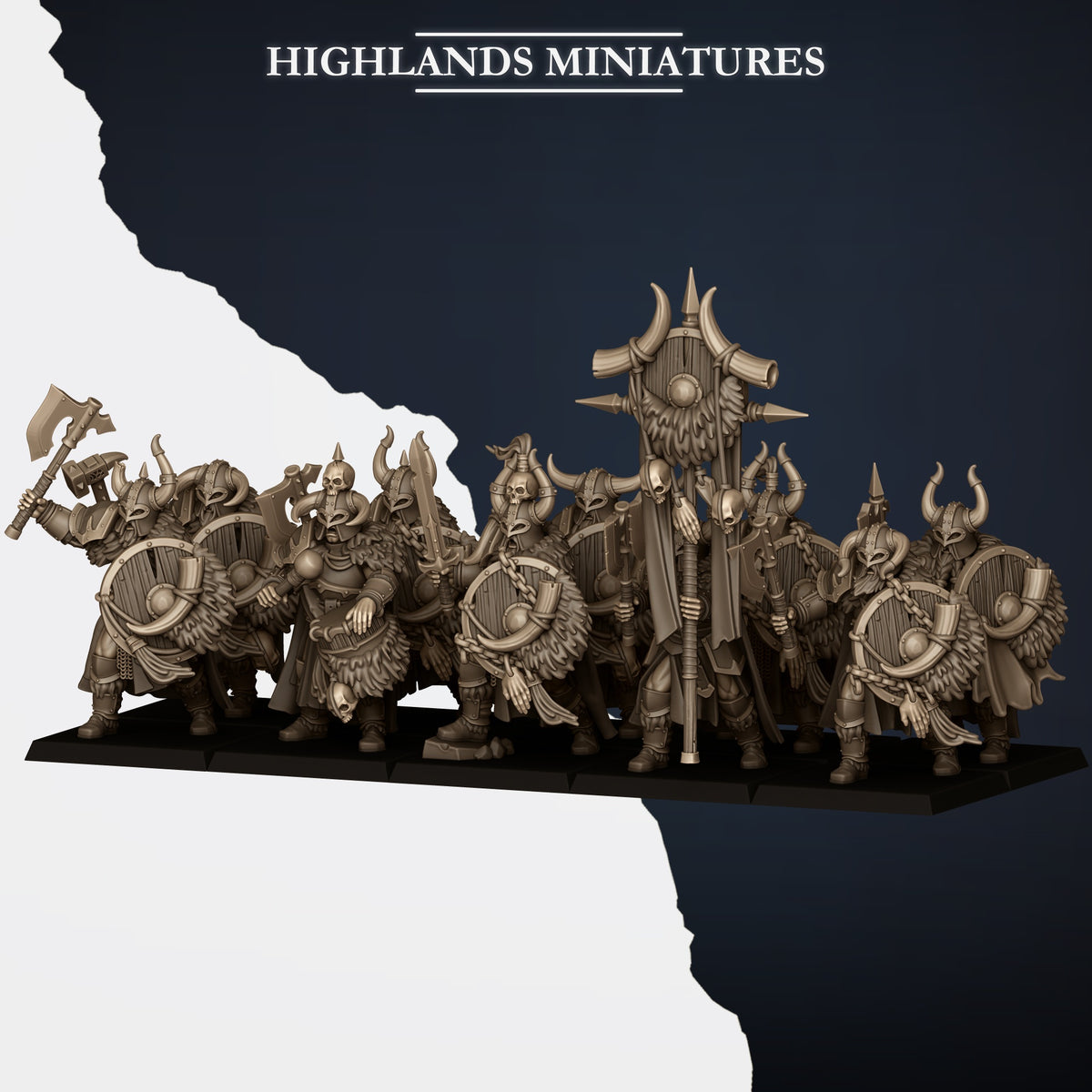 Norse Huscarls ranked as a ten-model unit with captain, bannerman and musician, front view, resin miniatures by Highlands Miniatures