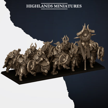 Norse Huscarls unit with command group, second three-quarter view from the left, Highlands Miniatures render
