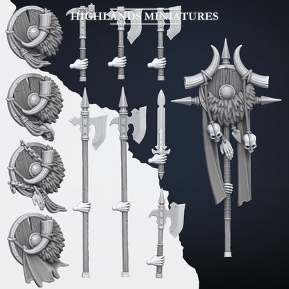 Norse Huscarl weaponry sheet: shield designs, axes, hammer, halberds, sword and the unit banner, Highlands Miniatures render