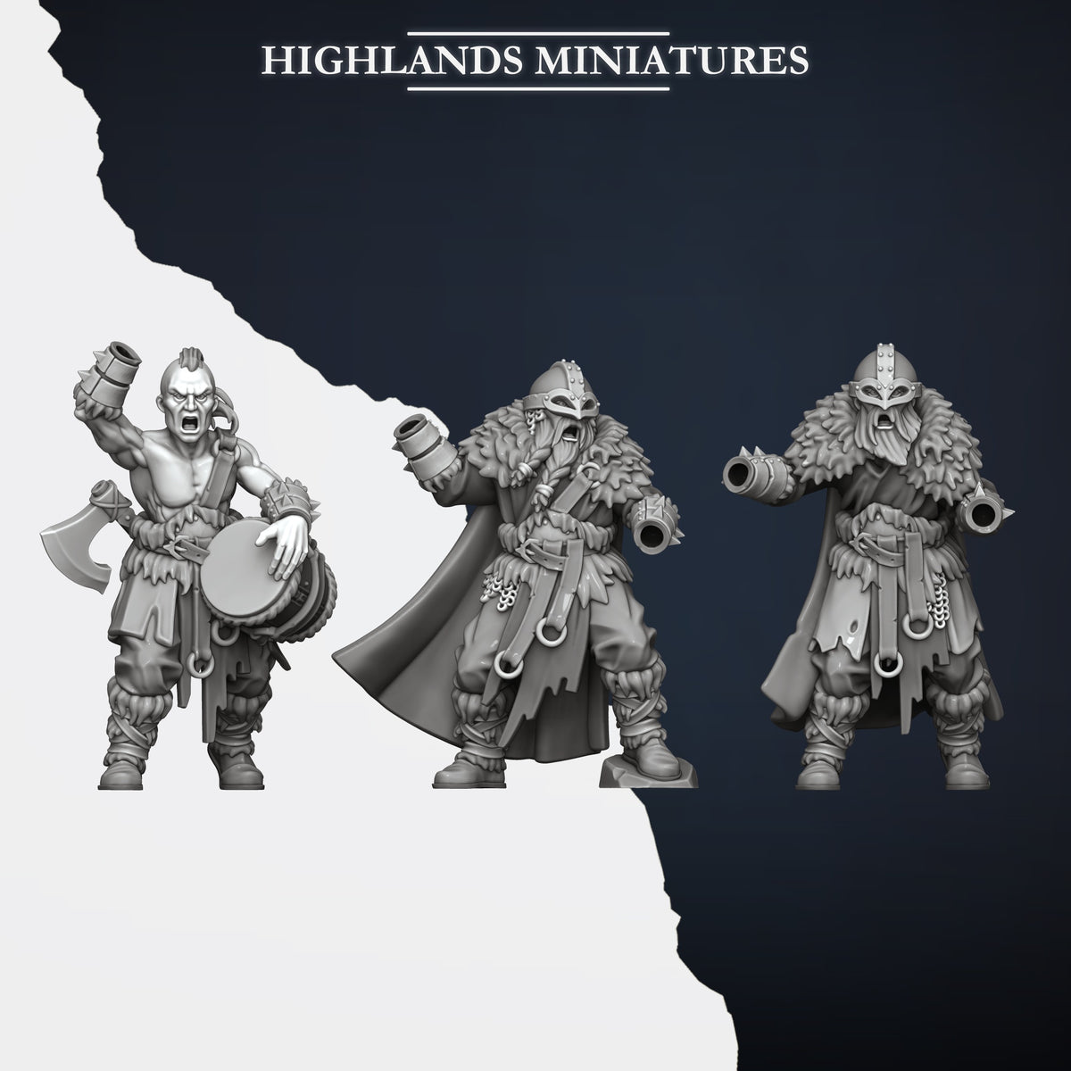 Norse Raiders Two-Handed Command Group bodies sheet: musician, bannerman and captain with open sockets, Highlands Miniatures render