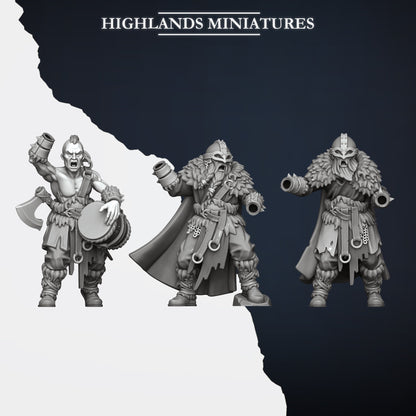 Norse Raiders Two-Handed Command Group bodies sheet: musician, bannerman and captain with open sockets, Highlands Miniatures render