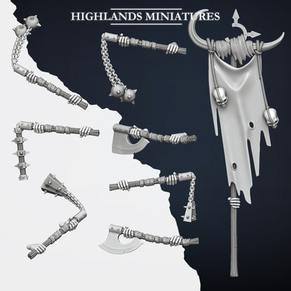 Norse Raider weaponry sheet: flails, axe and the unit banner, Highlands Miniatures render