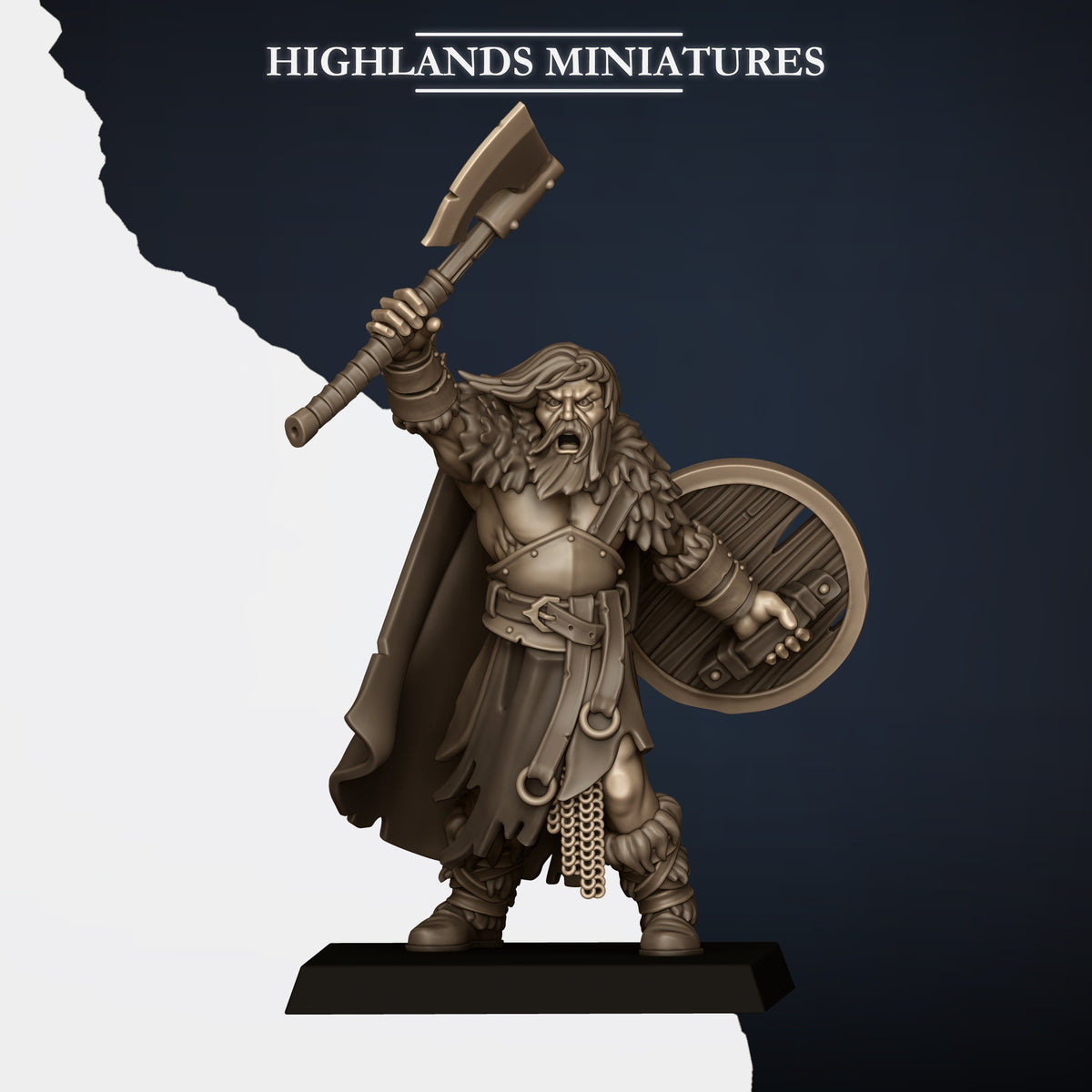 Norse Raiders Model A, axe raised and round shield, long hair and cloak, Highlands Miniatures render