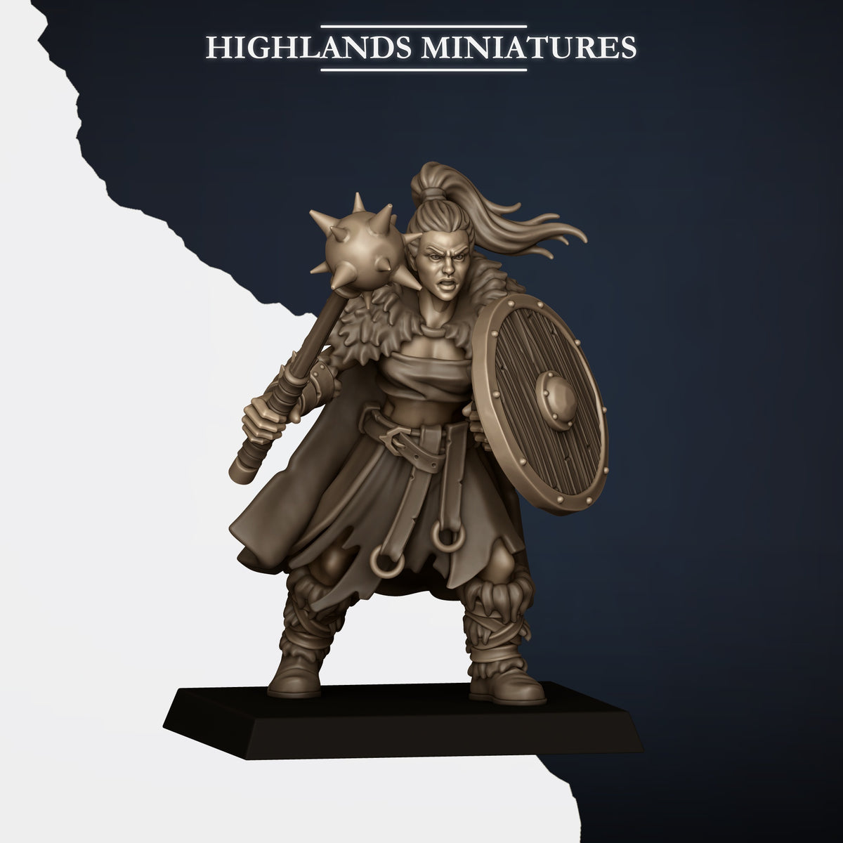 Norse Raiders Model J, shieldmaiden with spiked mace and round shield, ponytail, Highlands Miniatures render