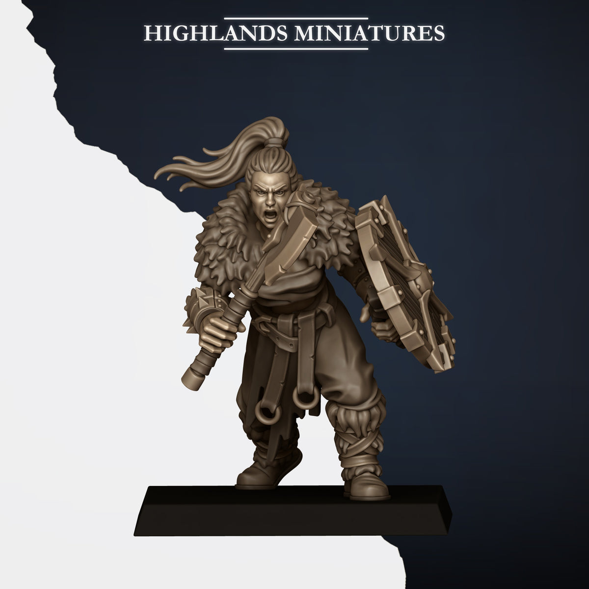 Norse Raiders Model K, shieldmaiden with mace and shield, long hair, roaring, Highlands Miniatures render