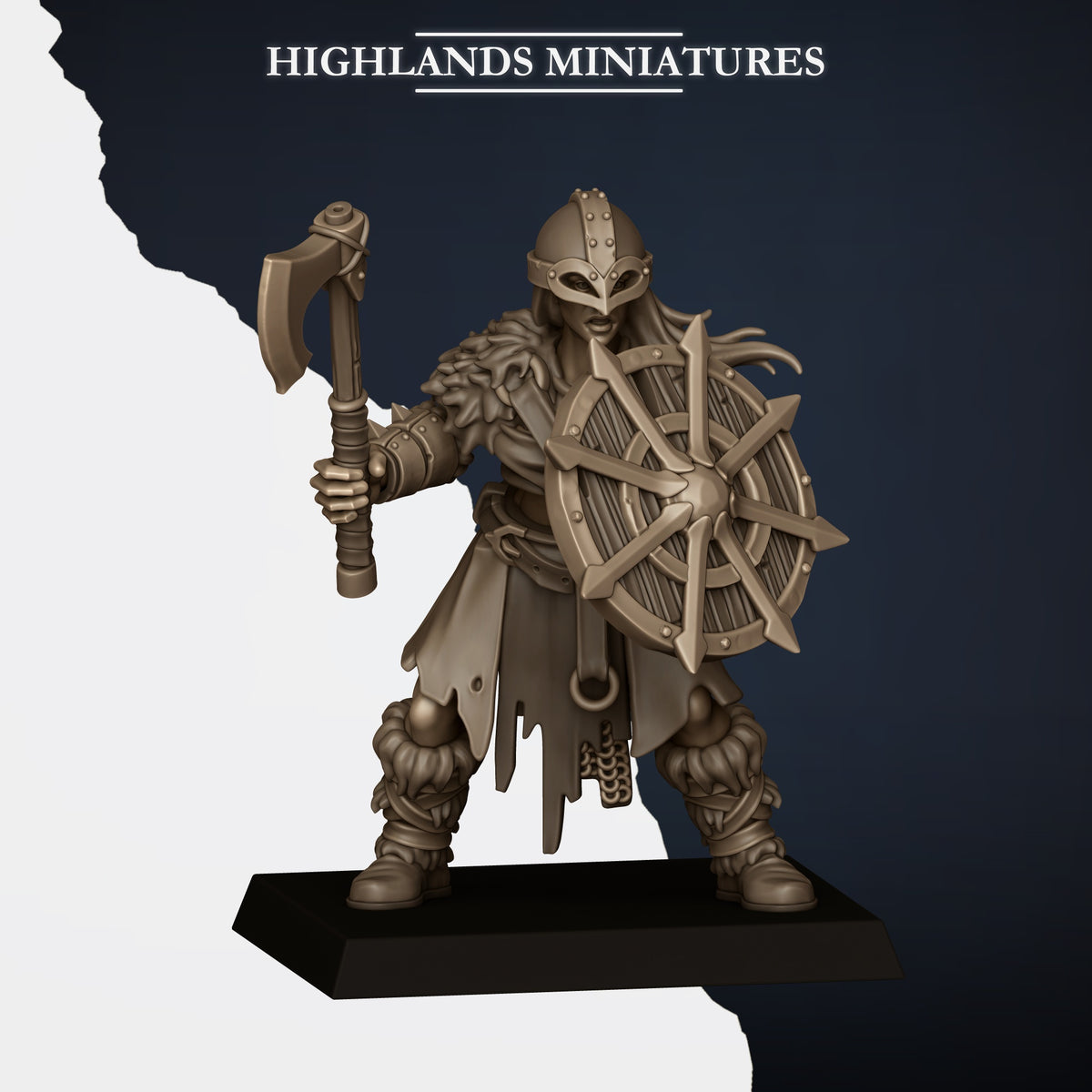 Norse Raiders Model L, shieldmaiden with axe and spiked wheel shield, horned helm, Highlands Miniatures render