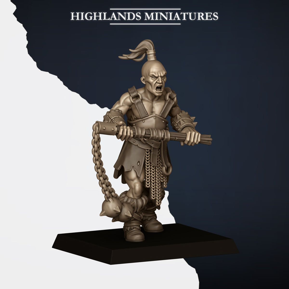Norse Raiders with Two-Handed Weapons Model A, two-handed flail raised, topknot, Highlands Miniatures render
