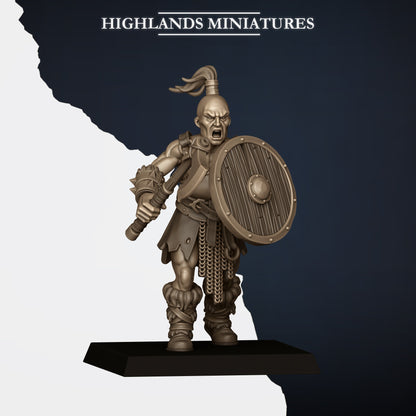 Norse Raiders Model B, round shield, topknot and bare torso, Highlands Miniatures render