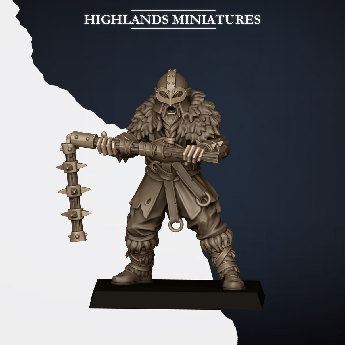 Norse Raiders with Two-Handed Weapons Model B, two-handed flail, horned helm and fur mantle, Highlands Miniatures render