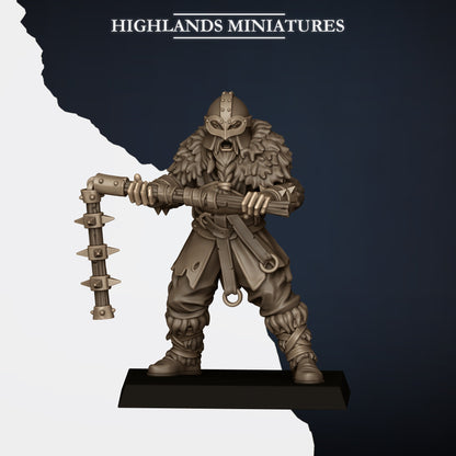 Norse Raiders with Two-Handed Weapons Model B, two-handed flail, horned helm and fur mantle, Highlands Miniatures render