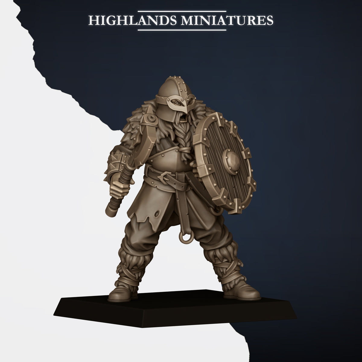 Norse Raiders Model C, round shield, horned helm and fur cloak, Highlands Miniatures render