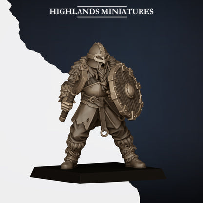 Norse Raiders Model C, round shield, horned helm and fur cloak, Highlands Miniatures render