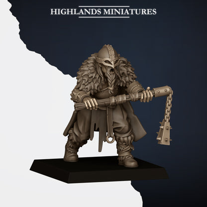 Norse Raiders with Two-Handed Weapons Model C, two-handed flail, horned helm and cloak, Highlands Miniatures render