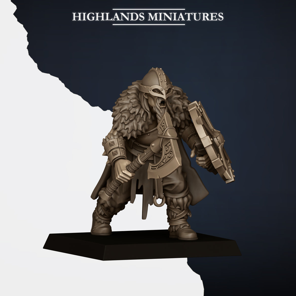 Norse Raiders Model D, shield and axe low, horned helm, Highlands Miniatures render