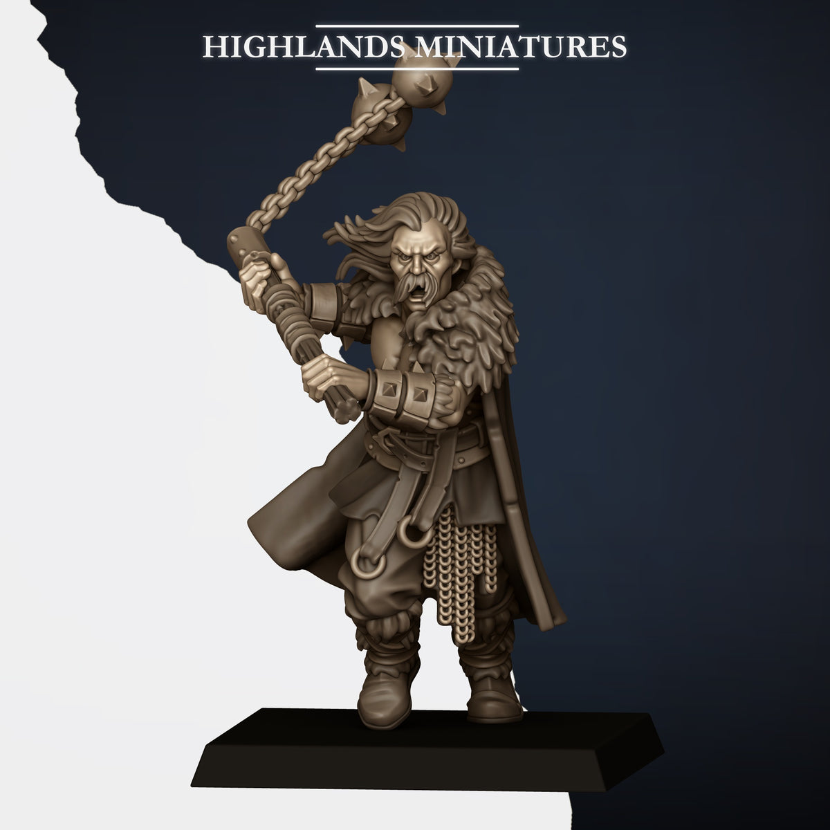 Norse Raiders with Two-Handed Weapons Model D, two-handed flail swung high, long hair and cloak, Highlands Miniatures render