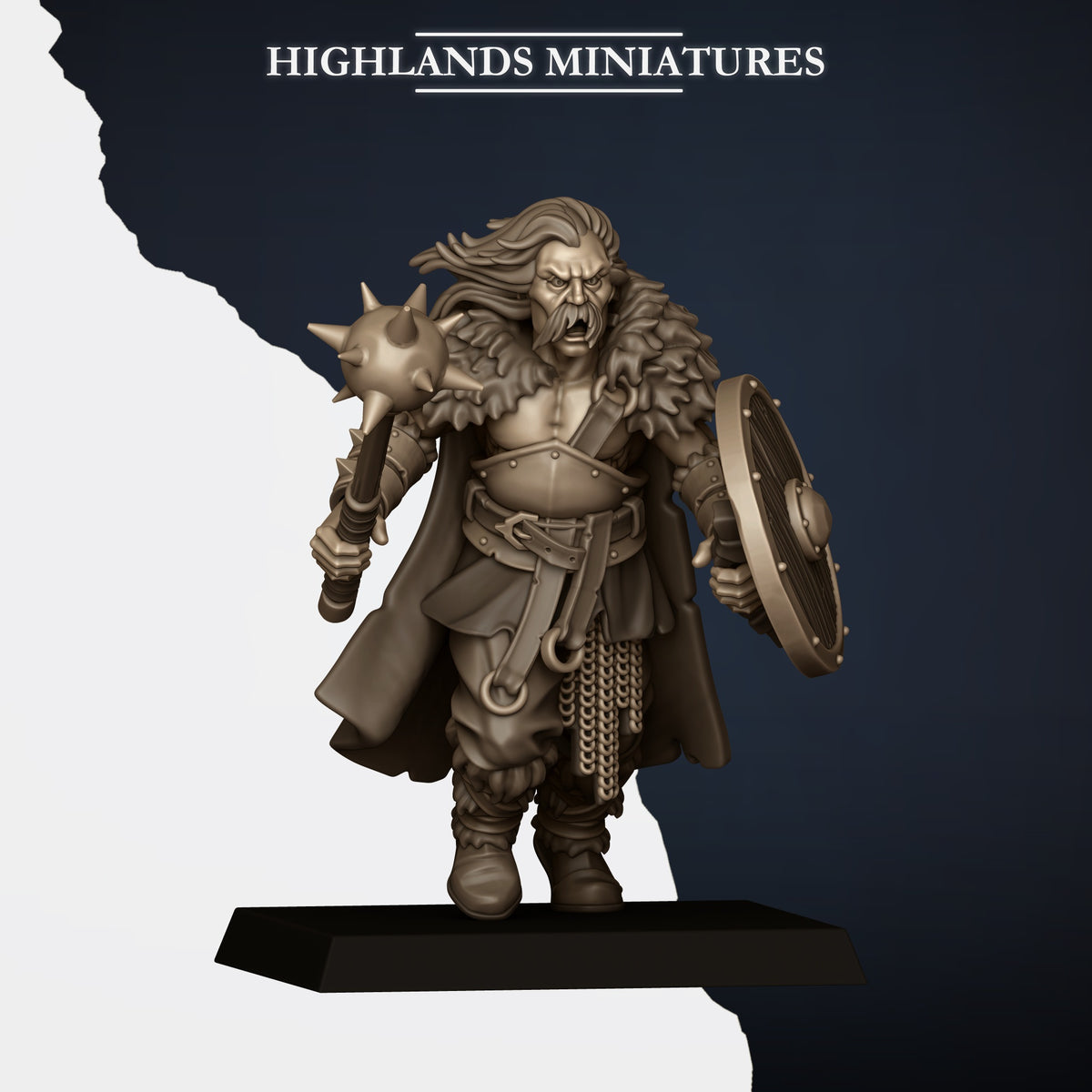Norse Raiders Model E, spiked mace and round shield, long-haired and roaring, Highlands Miniatures render