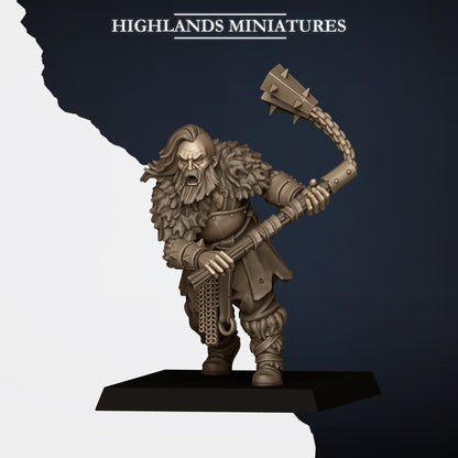 Norse Raiders with Two-Handed Weapons Model E, two-handed flail, bearded, fur cloak, Highlands Miniatures render