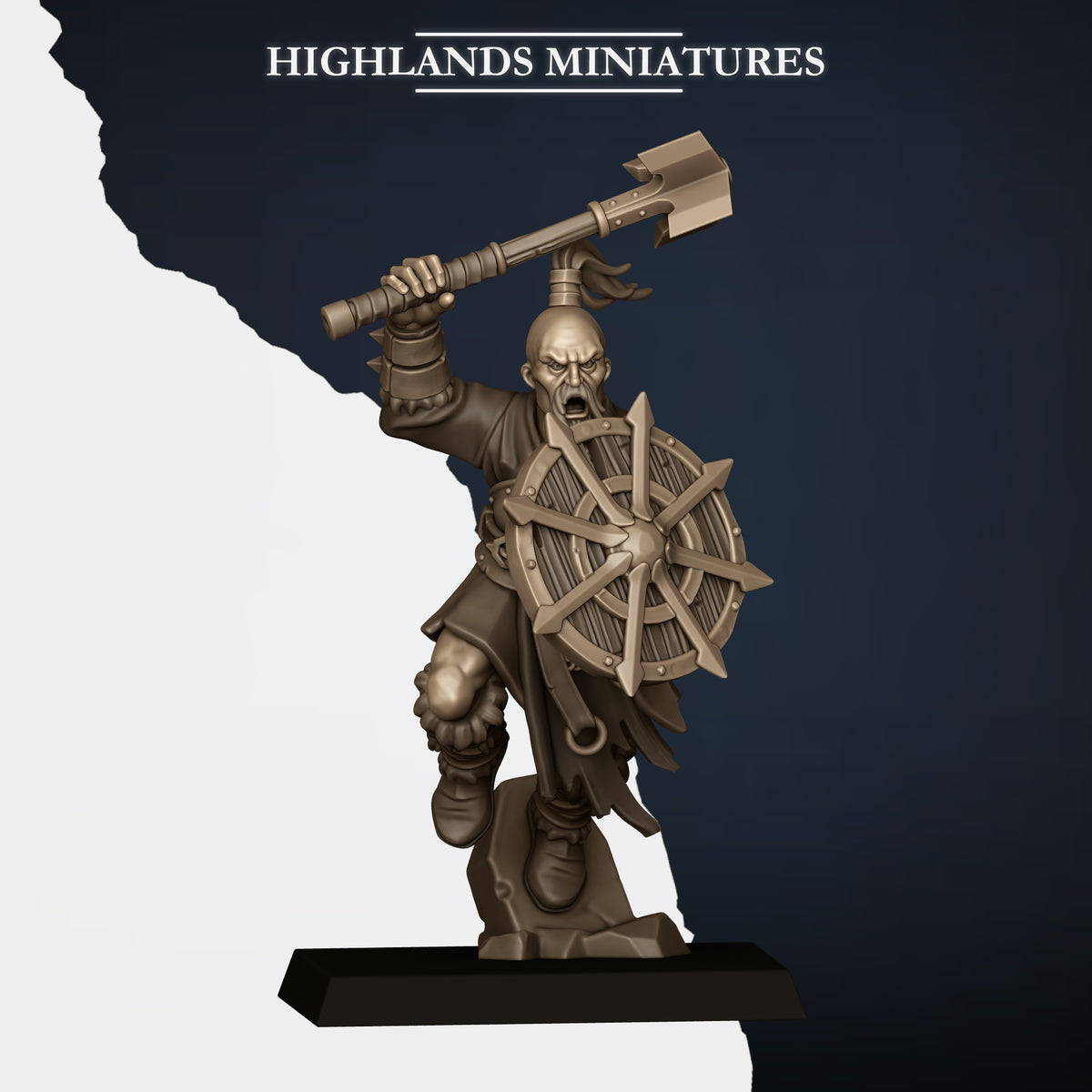 Norse Raiders Model F, axe raised and spiked wheel shield, topknot, on a rock, Highlands Miniatures render