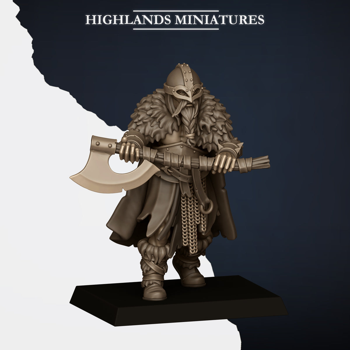 Norse Raiders with Two-Handed Weapons Model F, two-handed axe, horned helm and fur, Highlands Miniatures render