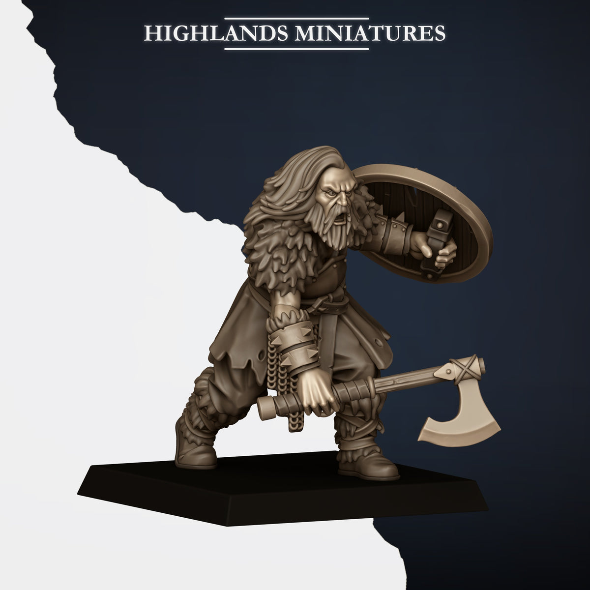 Norse Raiders Model G, axe and round shield, bearded, long cloak, Highlands Miniatures render