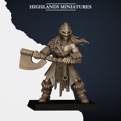 Norse Raiders with Two-Handed Weapons Model G, shieldmaiden with two-handed axe, horned helm, Highlands Miniatures render