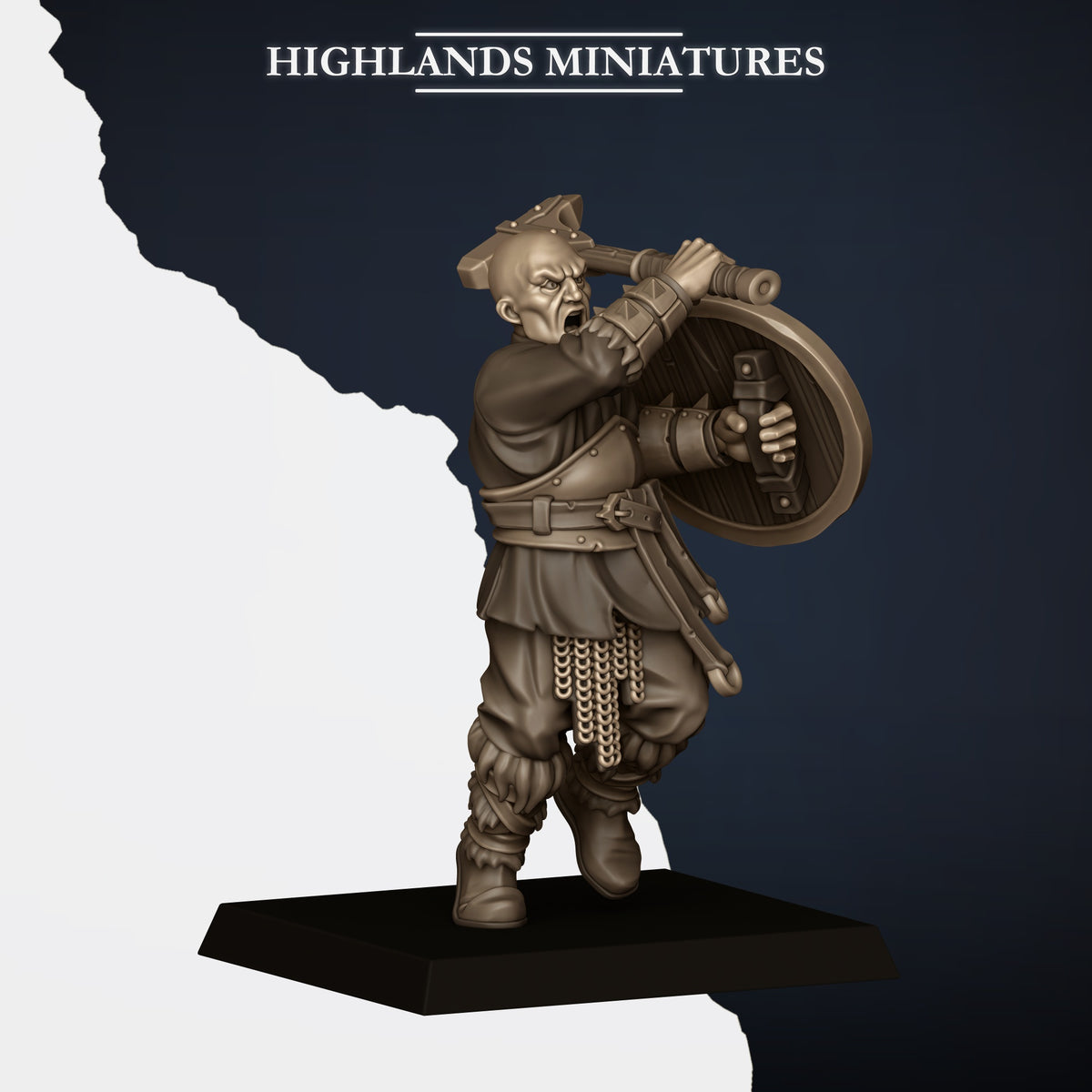 Norse Raiders Model H, shield raised over the head, bald and bearded, Highlands Miniatures render