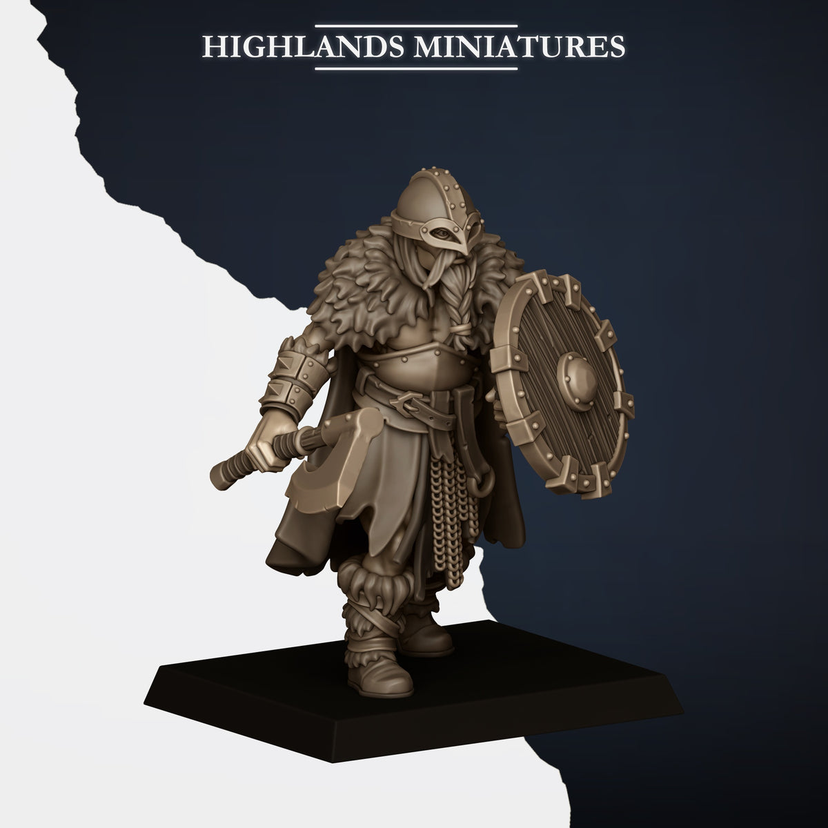 Norse Raiders Model I, axe and round shield, horned helm and fur mantle, Highlands Miniatures render