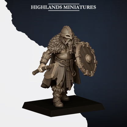 Norse Raiders Model I, axe and round shield, horned helm and fur mantle, Highlands Miniatures render