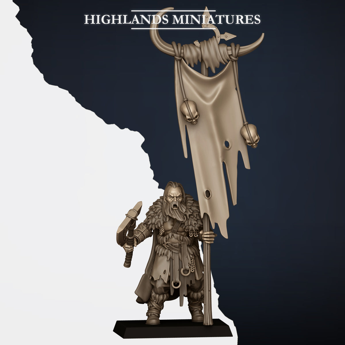 Norse Raiders Command Group bannerman with axe and the tall horned unit banner, Highlands Miniatures render