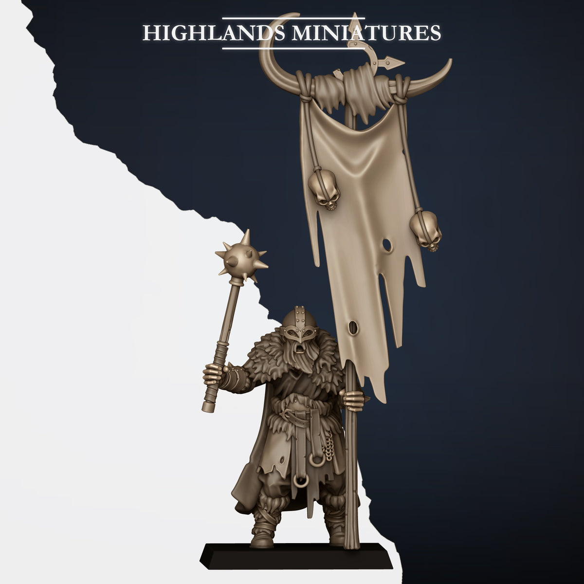Norse Raiders two-handed unit bannerman (sold in the Two-Handed Command Group listing) with flail and banner, Highlands Miniatures render